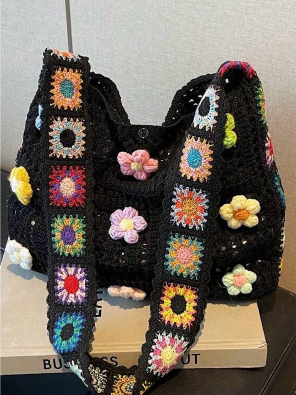 Black Crochet Floral Tote Bag with Multicolor Accents - Picture 3 of 5